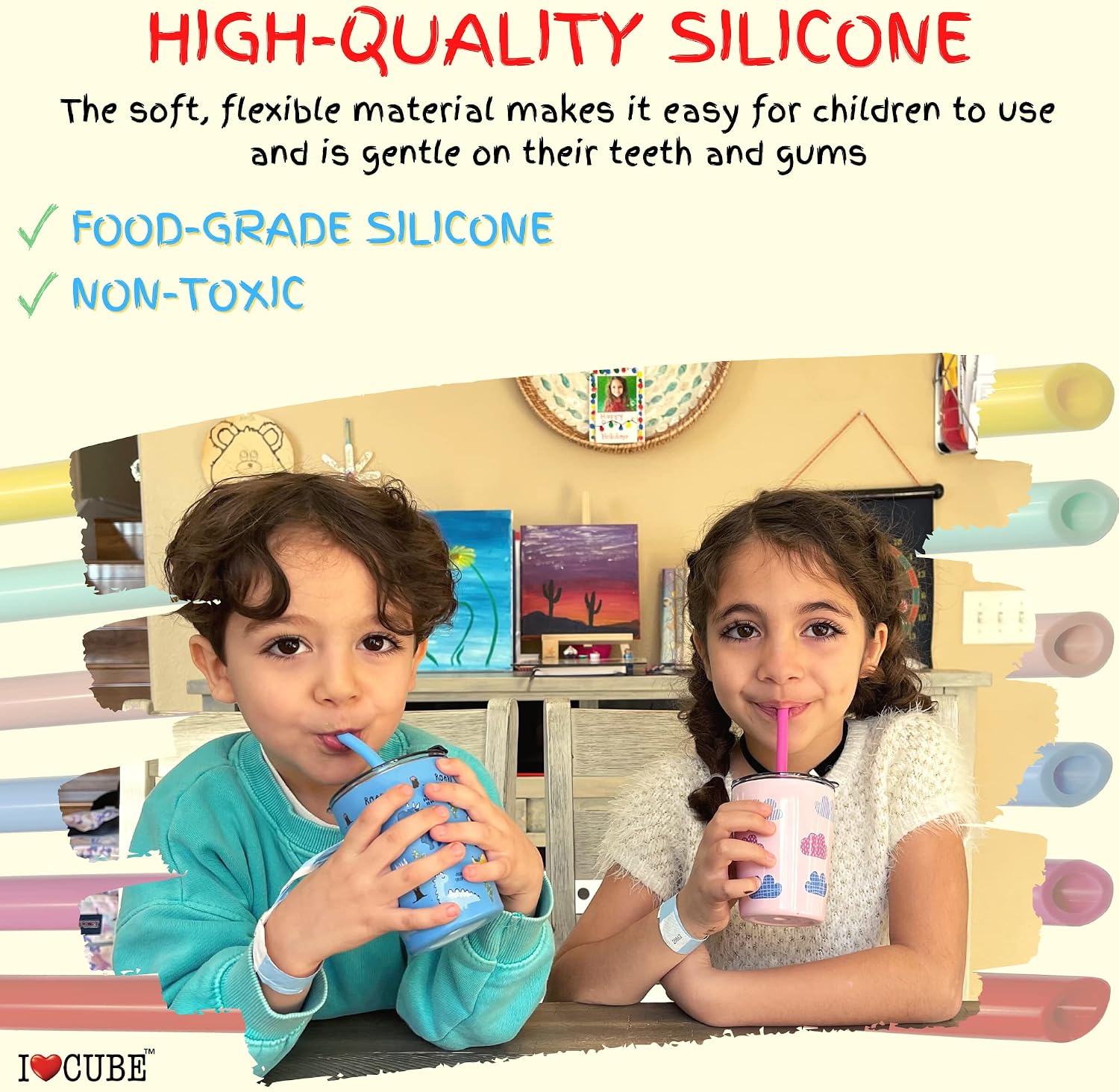 Replacement Silicone Straws for Kids, 6 Pack Reusable 6 Inch BPA Free Straws with Cleaning Brush, Fits Most 10 oz and 12 oz Cups & Tumblers, Soft Flexible Dishwasher Safe