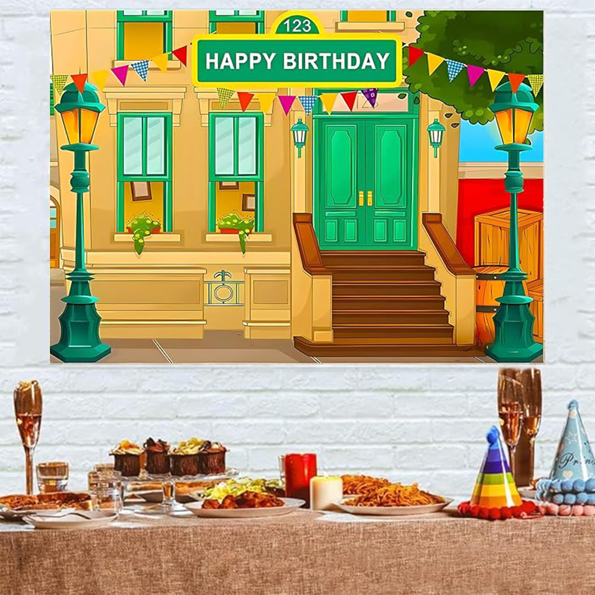 WCLXJJ Happy Birthday for Boys and Girls Photography Background Cartoon Street Theme Brick Wall Children's Baby Party Baby Shower Decoration Banner Props Vinyl 7x5 Feet