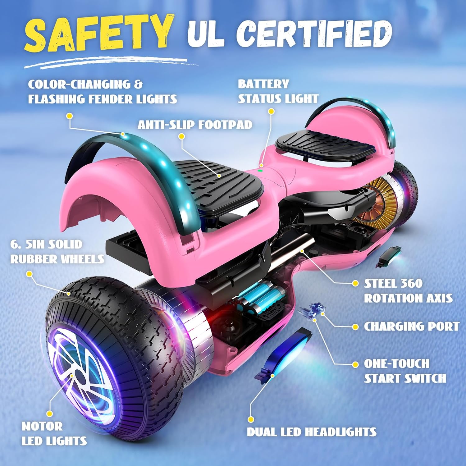 SISIGAD Scooter for Kids Ages 6-12, Bluetooth and 6.5" Colorful Lights Wheels, Safety Certified Self Balancing Scooter, for All Ages