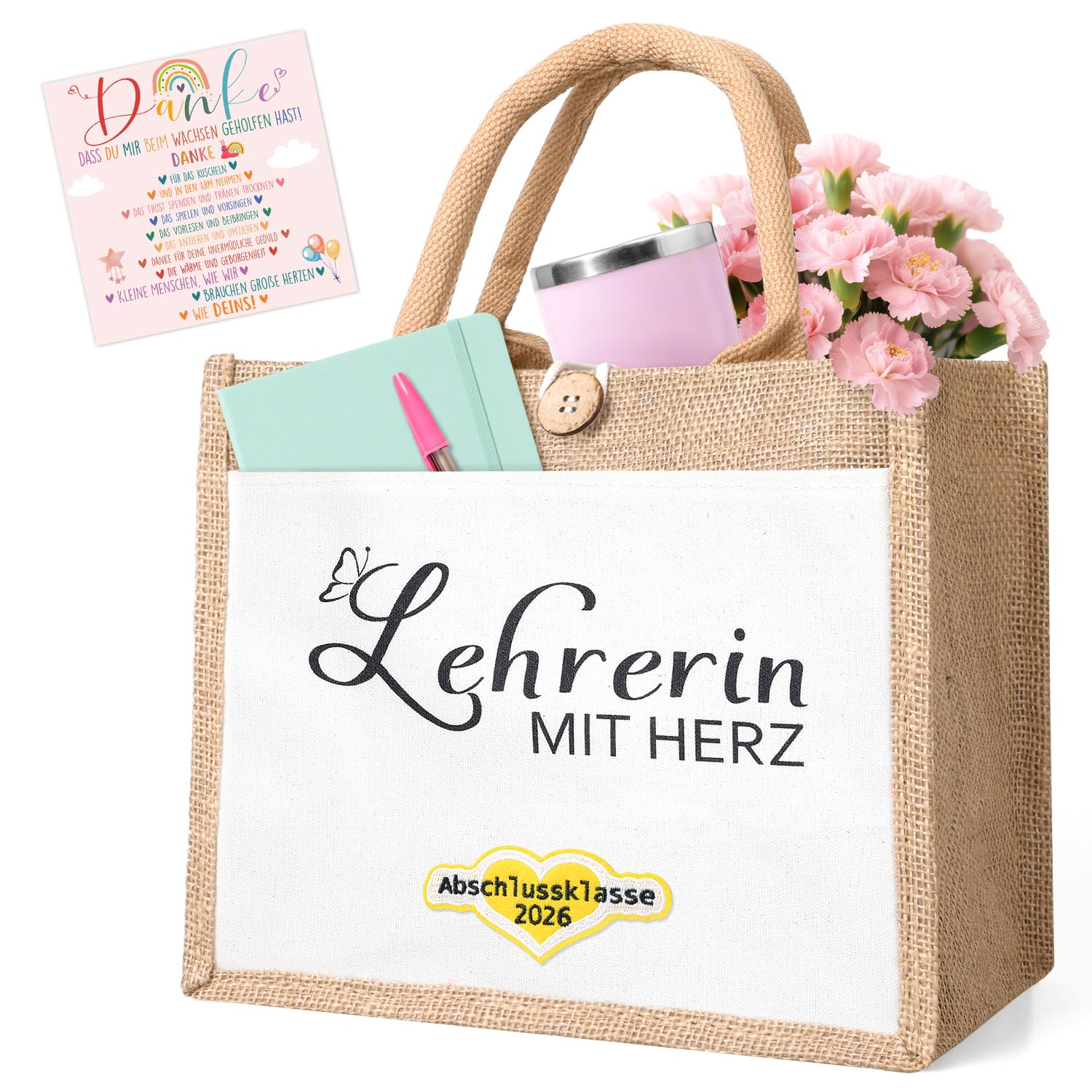 iZoeL Dankeschön Geschenk Jutetasche Erzieherin Lehrerin mit Herz, abschiedsgeschenk Danke Geschenk für Erzieherin Lehrerin Jute Handtasche mit Danke Grußkarte Geschenkbox