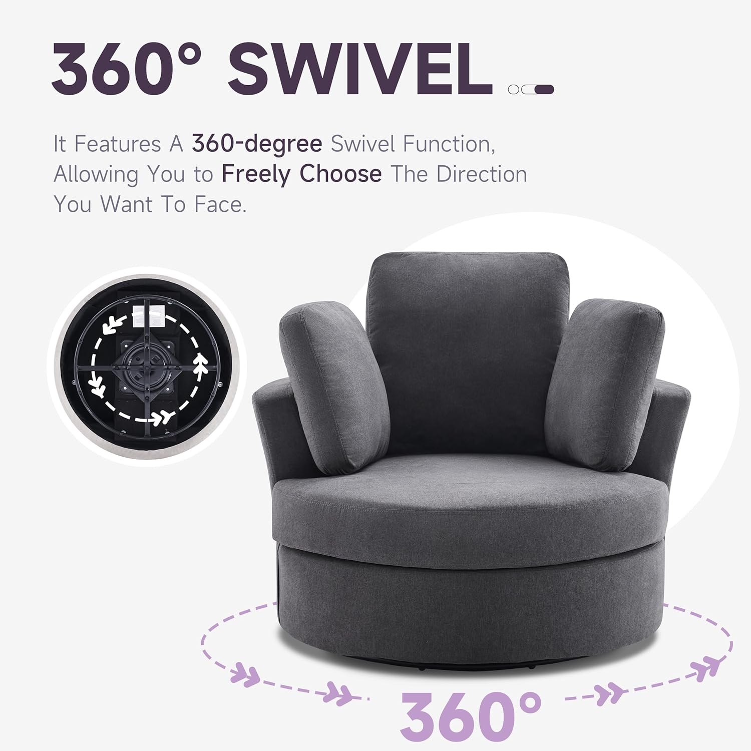 39” Swivel Accent Barrel Chairs with Removable Headrest, Chaise Lounge Indoor with Neck Support Pillow, Oversized Chair with Ottoman,Swivel Chairs for Living Room, Grey