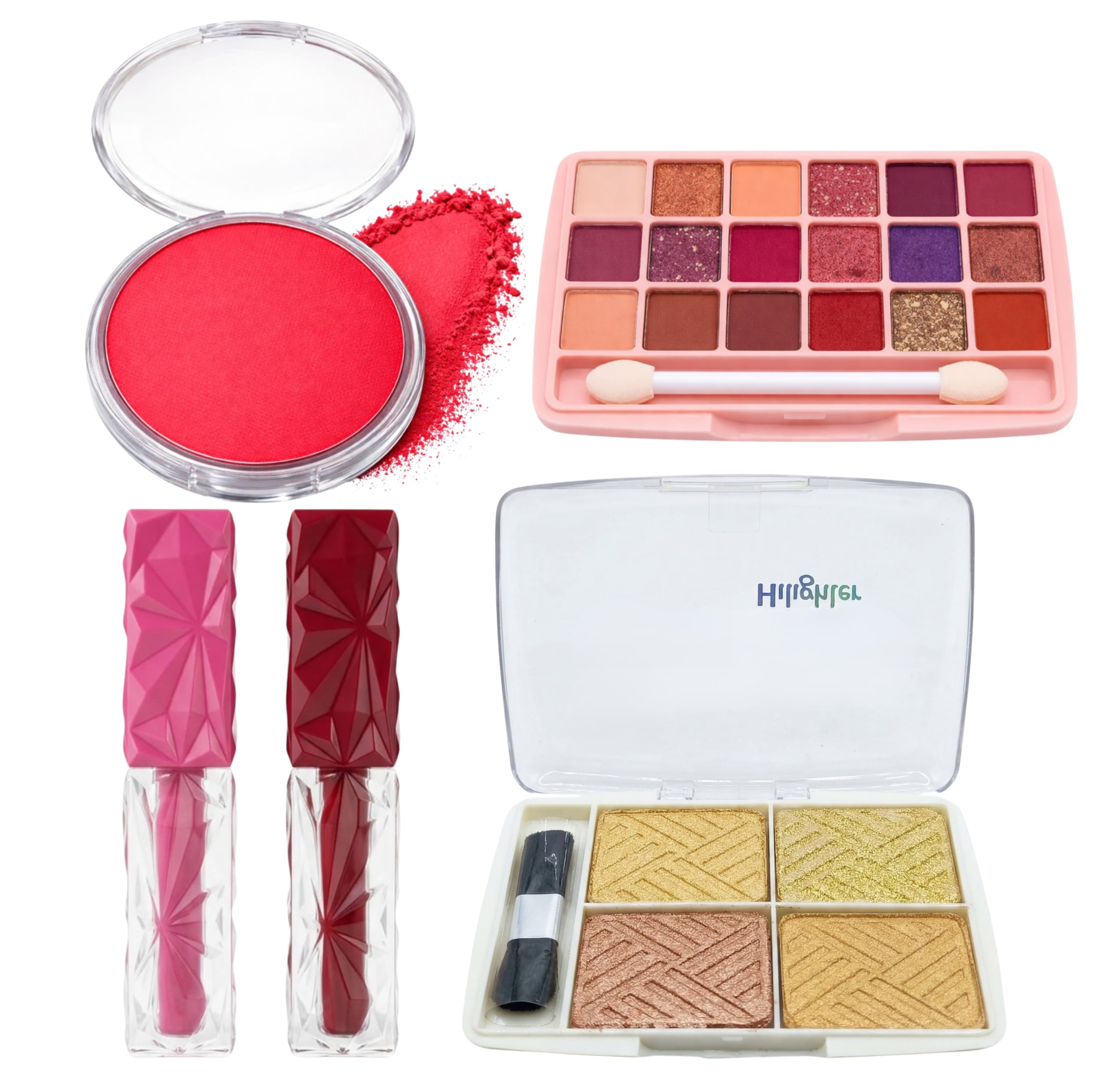4-in-1 Face Blush, 18 Colors Eyeshadow & Highlighter Palette Makeup Combo Kit | Includes 4-Shade Face Shimmer Palette Box, Smooth Powder Cheek Blush & 2 Pcs Geometric Matte Liquid Lipstick Lip Ink Set-image-6