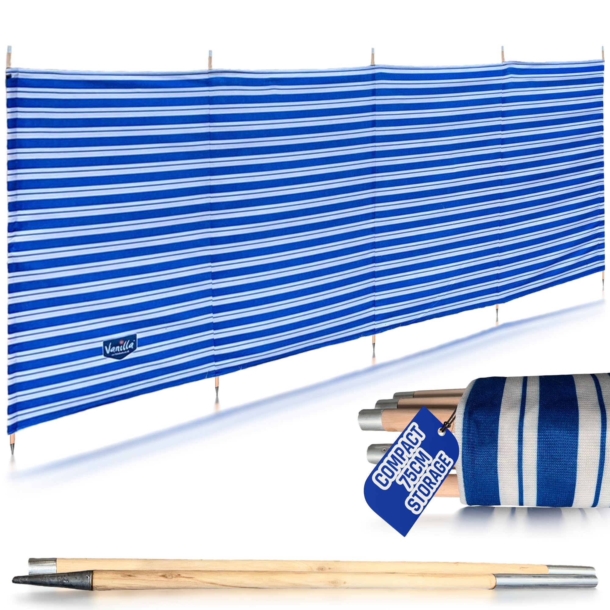 Vanilla Leisure Windbreaker 5 Pole L345cm x H125cm - Wind Breaks for Camping, Beach, Caravan & Garden - Heavy Duty Windbreaks with Metal Tipped Wooden Poles for Extra Stability - Freestanding Screen
