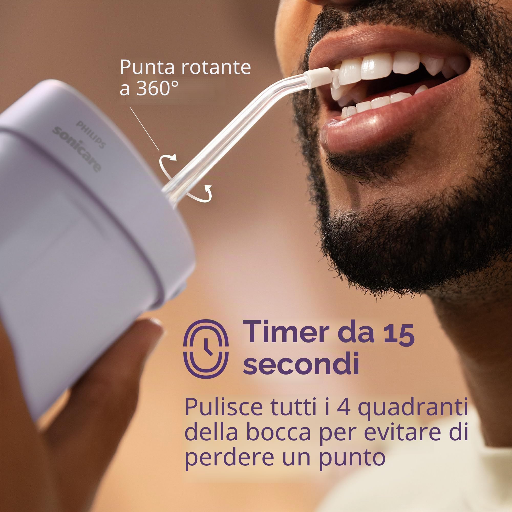 Philips Sonicare Flosser compatto 1000, idropulsore portatile con 3 modalità di filo interdentale, irrigatore orale impermeabile IPX7, adatto ai viaggi, viola, modello HX3333/23