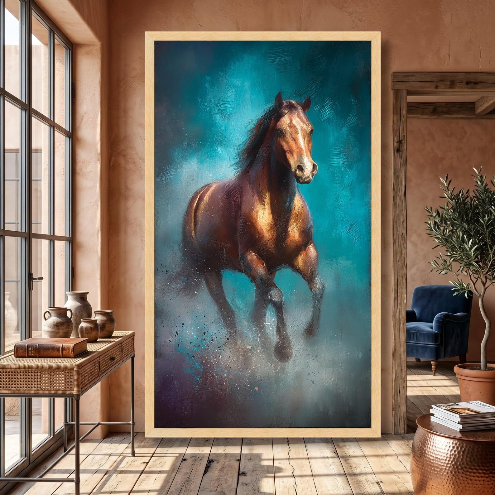 CAOXTART Galopujący brązowy koń obraz na płótnie sztuka koni sztuka ścienna plakat zwierzęcy rustykalny koń druk artystyczny do dekoracji wnętrz (40 x 70 cm / wewnętrzna rama)