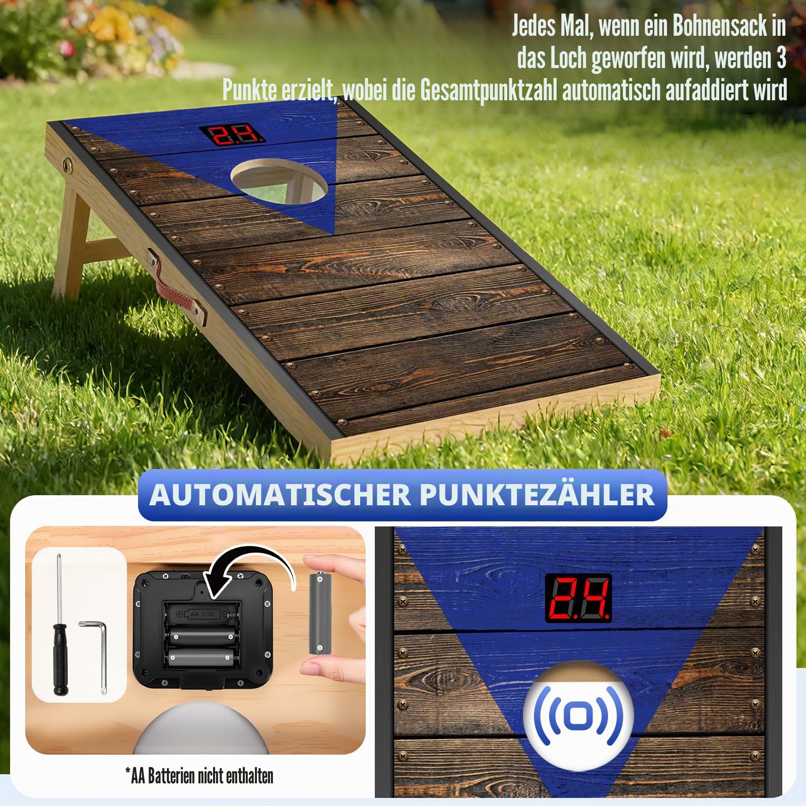 NZQXJXZ Cornhole Spiel Outdoor mit Automatischem Punktezähler, Massivholz Premium Corn Hole Boards, Cornhole-Wurfset mit 8 Cornhole Säckchen & Einer Tragetasche für Garten, Camping, Backyard
