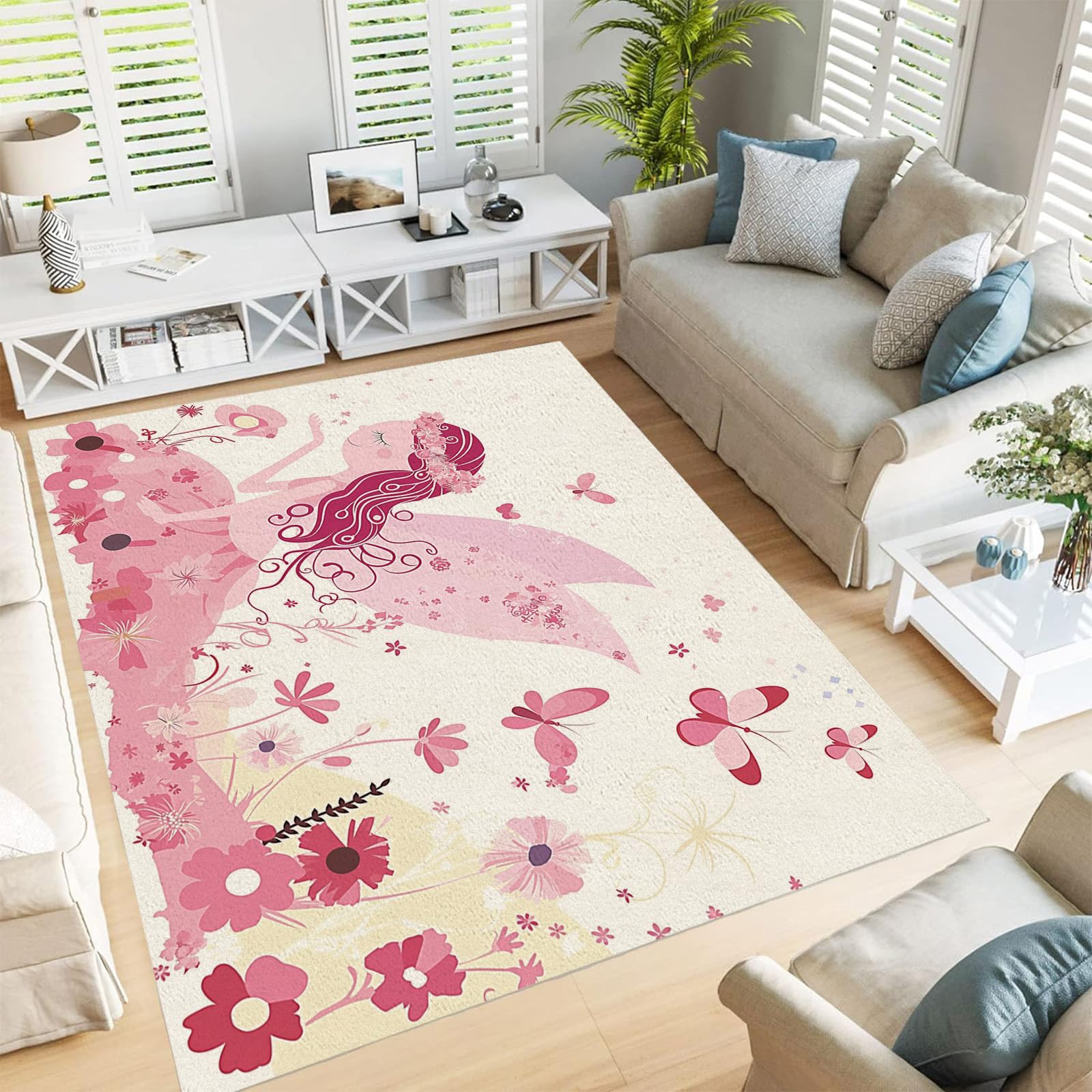 Tapis de salon lavable motif papillons roses grand tapis de chambre 160x230