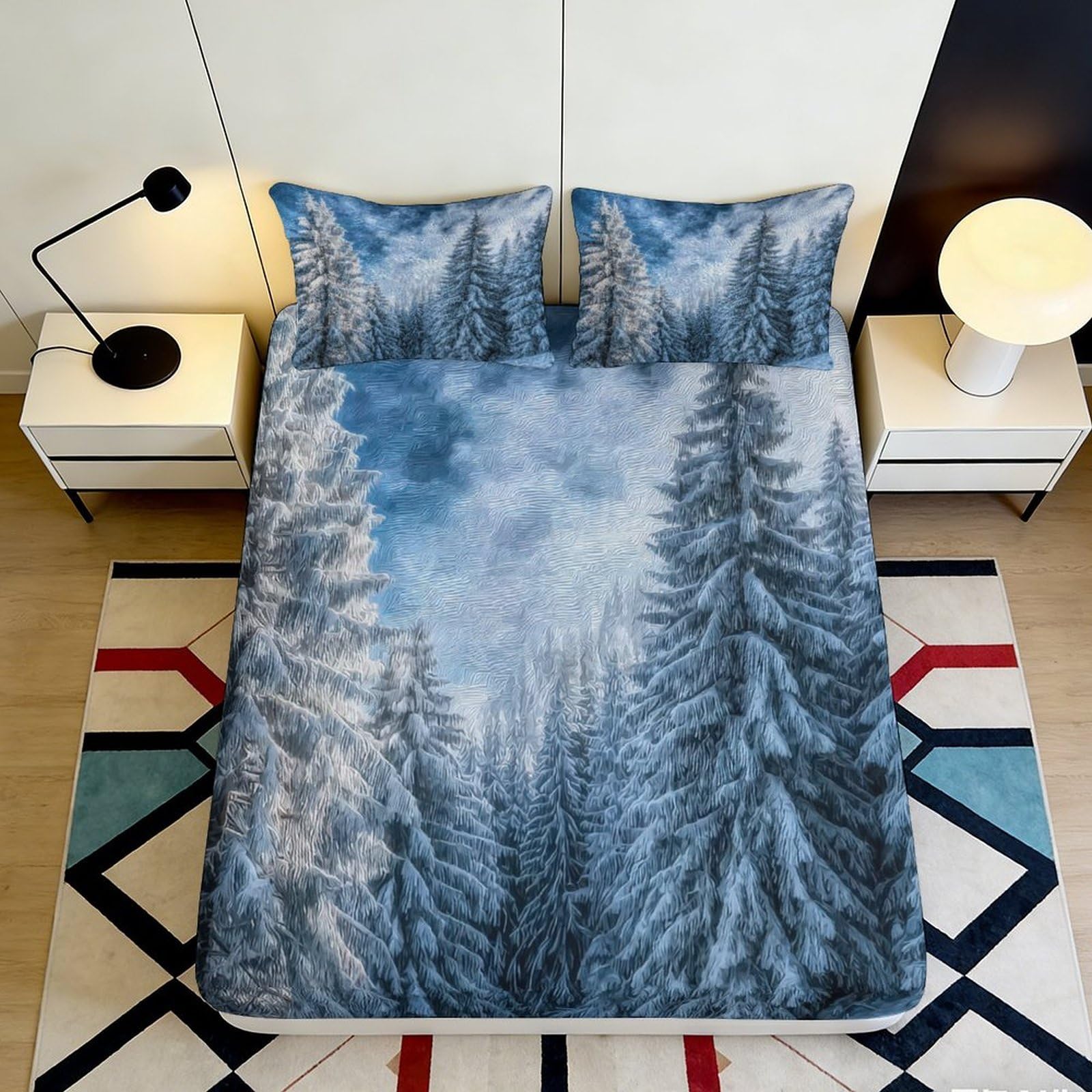 3D Printed Snow Forest Fitted Sheet Microfiber Blue Winter Pine Mattress Cover for Bedroom Guest Room Dorm Decor 120x200cm 180x200x25cm