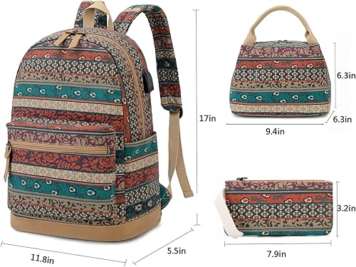 Miniatura 5 de Mochila bohemia impermeable para laptop con puerto de carga USB e interfaz para auriculares, resistente al agua de 15.6 pulgadas, mochila escolar
