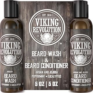 Viking Revolution Beard Care Set with Argan & Jojoba Oils - Softens, Smooths & Nourishes Facial Hair Growth - Peppermint and Eucalyptus Scented Wash & Conditioner (5 oz)
