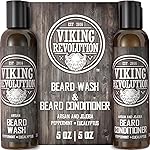 Viking Revolution Beard Care Set with Argan & Jojoba Oils - Softens, Smooths & Nourishes Facial Hair Growth - Peppermint and Eucalyptus Scented Wash & Conditioner (5 oz)
