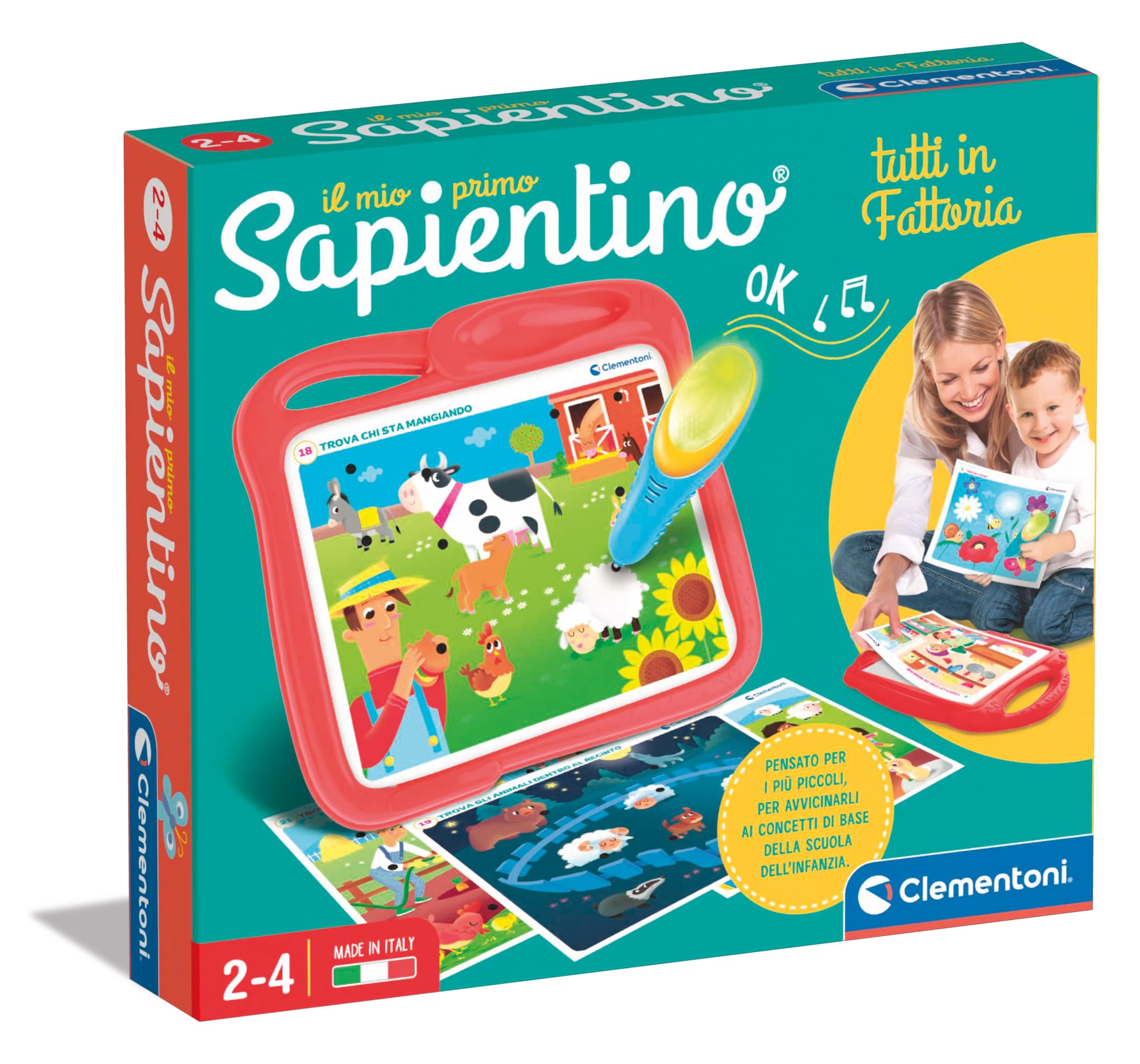Clementoni - Il Mio Primo Sapientino, Tutti in Fattoria, Gioco Educativo Bambini 2-4 Anni, Banchetto con Penna Interattiva e 12 Schede per Scoprire Gli Animali, Made in Italy, Lingua Italiana, 16477
