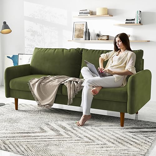 Miniatura 5 de Cómodo sofá biplaza de tela de terciopelo de 58 pulgadas de ancho con asiento profundo y patas de madera maciza, moderno sofá reclinable de mediados