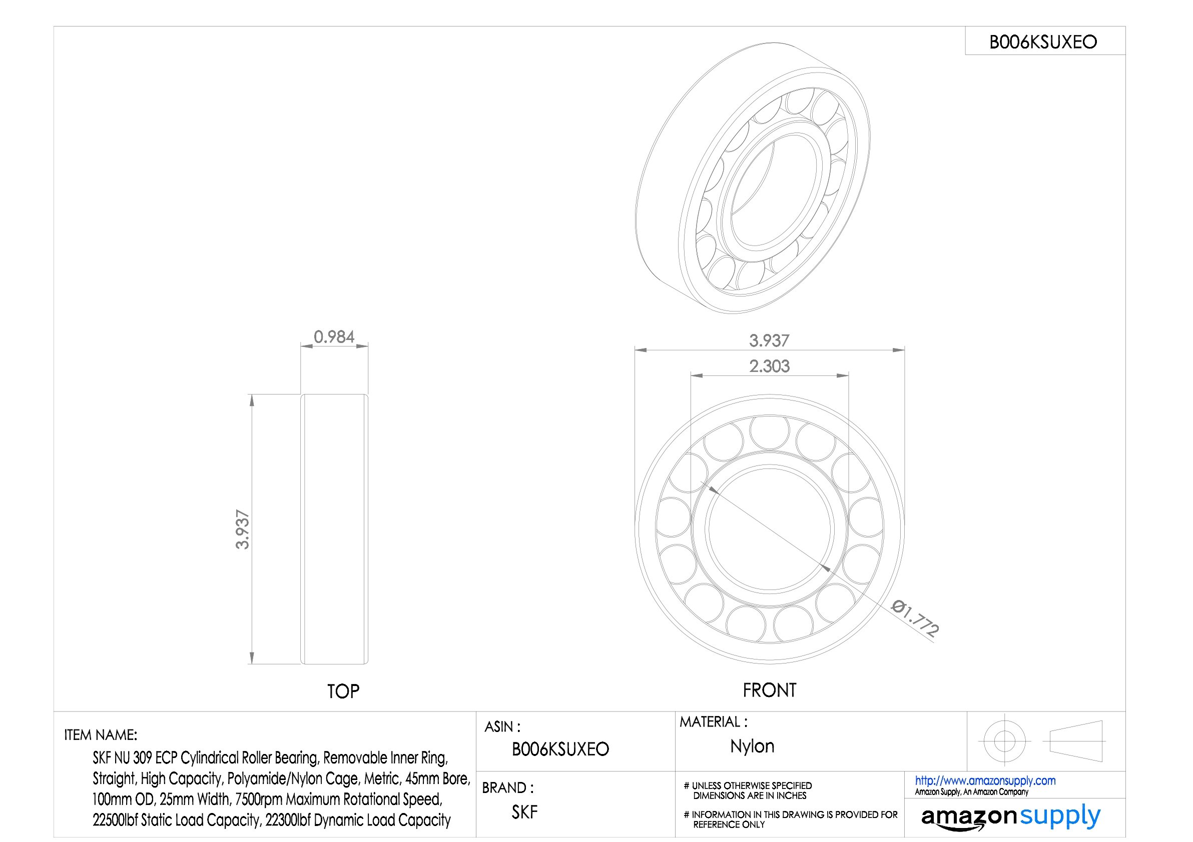 SKF - Rodamiento de rodillo radial cilíndrico, 45 ID, acero para rodamientos