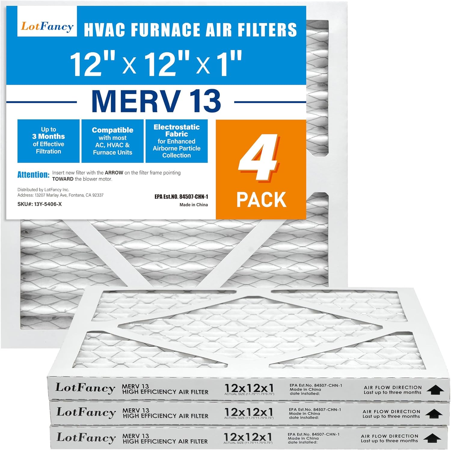 LotFancy 12x12x1 Air Filter MERV 13 4-Pack, Electrostatic Pleated HVAC Furnace Air Filter, Captures Pet Dander Smog Smoke, Actual Size: 11.75"x11.75"x0.75"