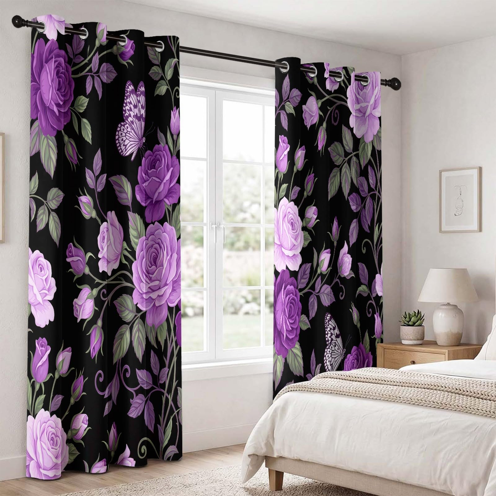 Zasłony zaciemniające w kwiaty zwierzę 91,5 L x 214H cm (2 panele), termoizolacyjne różowe i motylkowe mocowanie z oczkami do sypialni, czarno-fioletowy