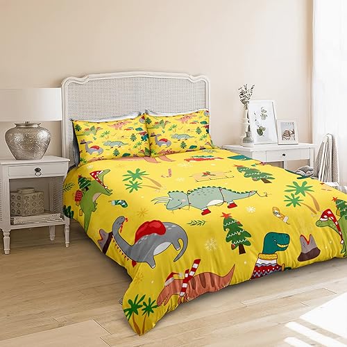 Miniatura 4 de Juego de ropa de cama de dinosaurio, juego de funda de edredón de dibujos animados de dinosaurio verde y gris, ropa de cama de 2 piezas de