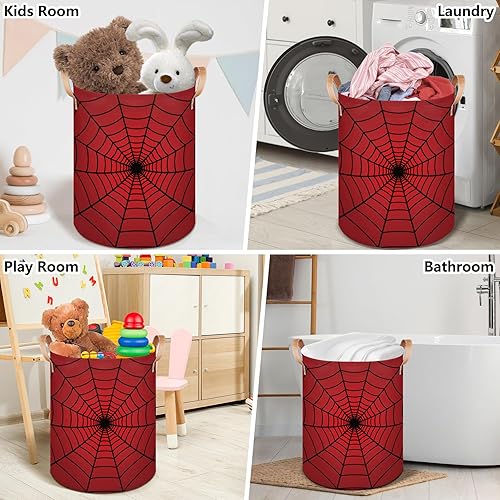 Miniatura 4 de Cesta grande para ropa sucia, cesta redonda independiente de tela de araña roja, organizador de almacenamiento plegable con asas de cuero para ropa