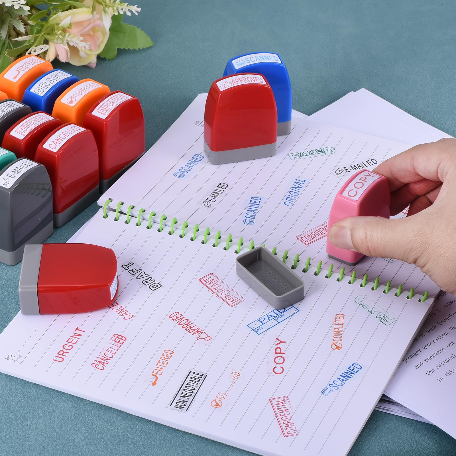PATIKIL Bürostempel Set Selbstfärbend, 16er Pack Nachfüllbarer Geschäftsstempel aus Gummi für Büro und Zuhause, Mehrfarbig