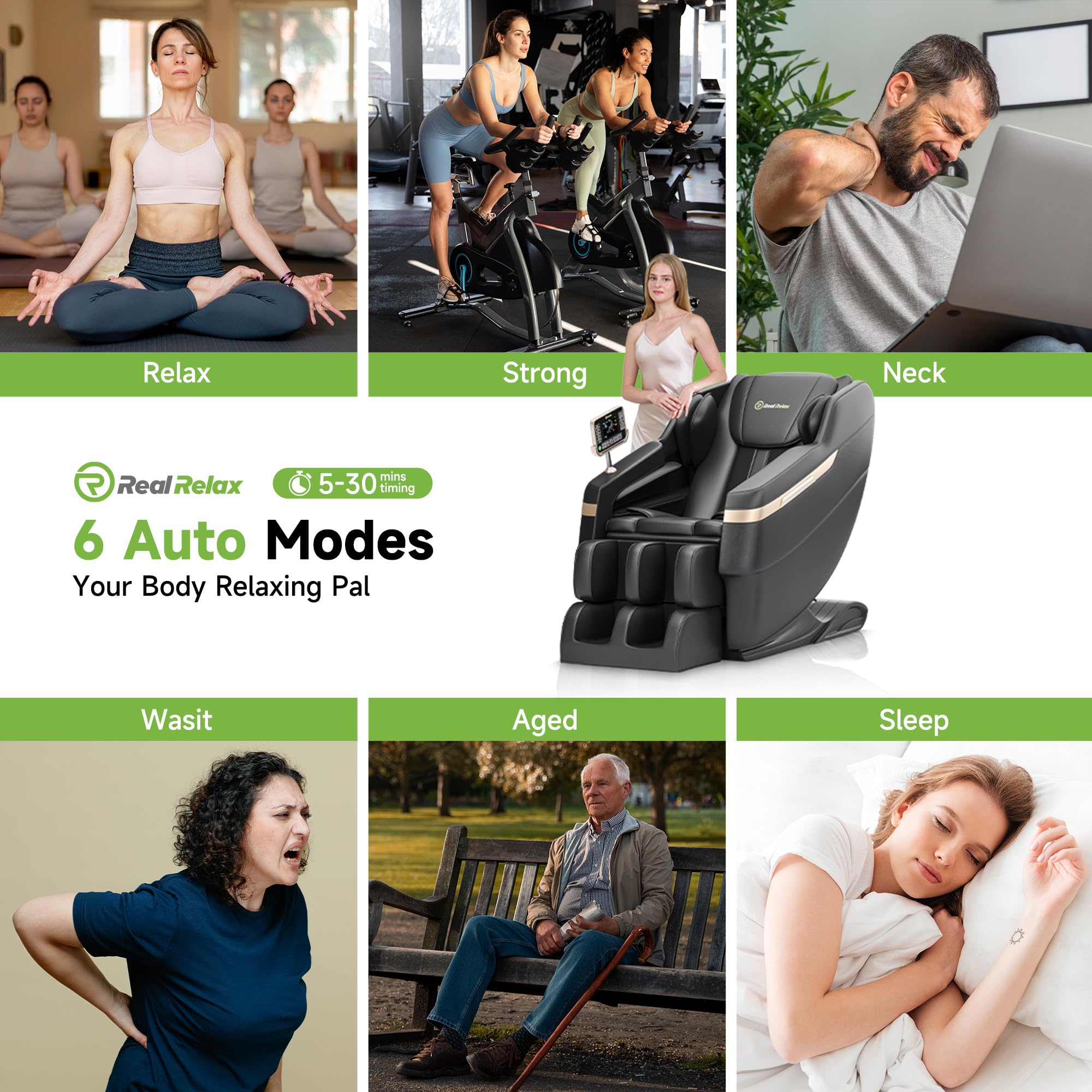 Real Relax Chaise de Massage du Corps Entier, Fauteuil inclinable de Massage Shiatsu à gravité zéro, Massage des Pieds, Bluetooth, Grand écran de contrôle (Noir Classique)