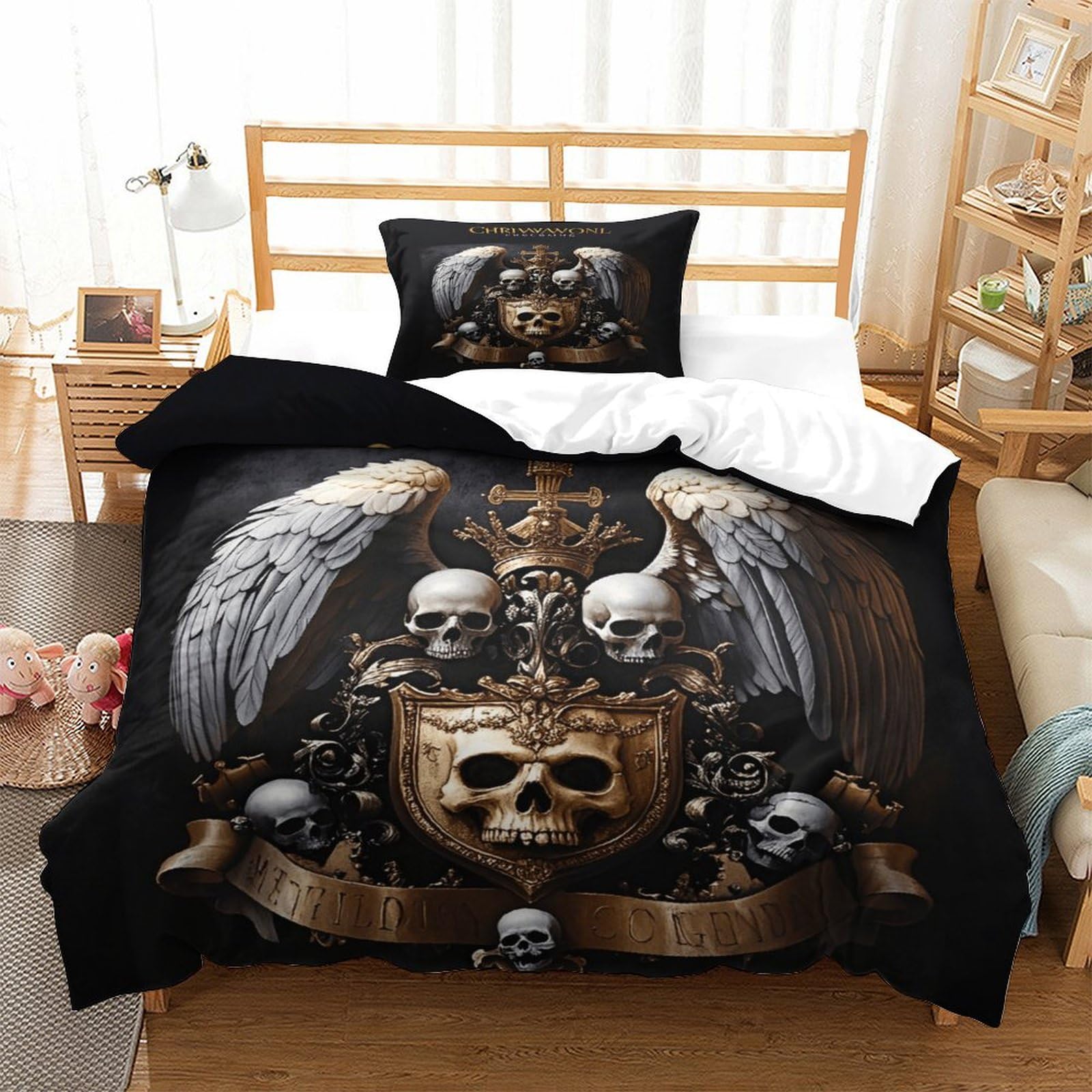 XiaopangXY Skulls Warmth Bed Linen Set Hidden Zipper Gothic Duvet Cover Set with Pillowcases Bedding Set Soft Microfiber Quilt Cover Set for Kids & Adults Single（135x200cm）