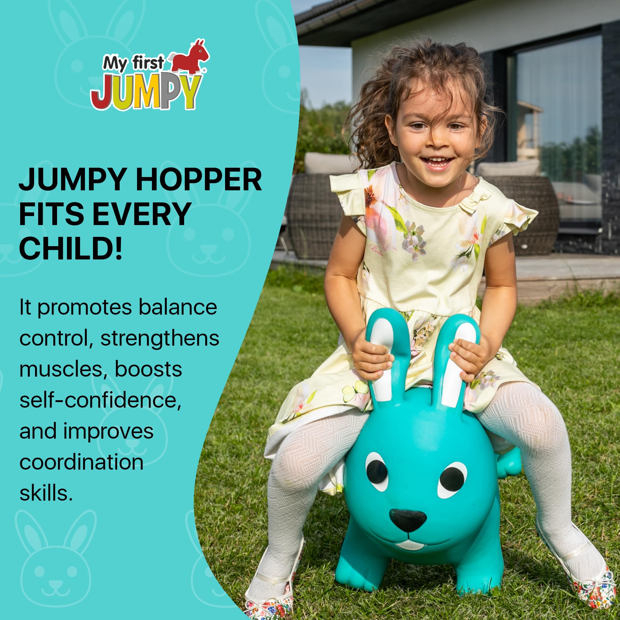Gerardo's Toys Jumpy Zwierzęta do skakania zając morska zieleń ok. 58 cm – skaczące zwierzęta od 1 roku życia – nadmuchiwane zwierzęta do użytku wewnątrz i na zewnątrz – w zestawie pompka