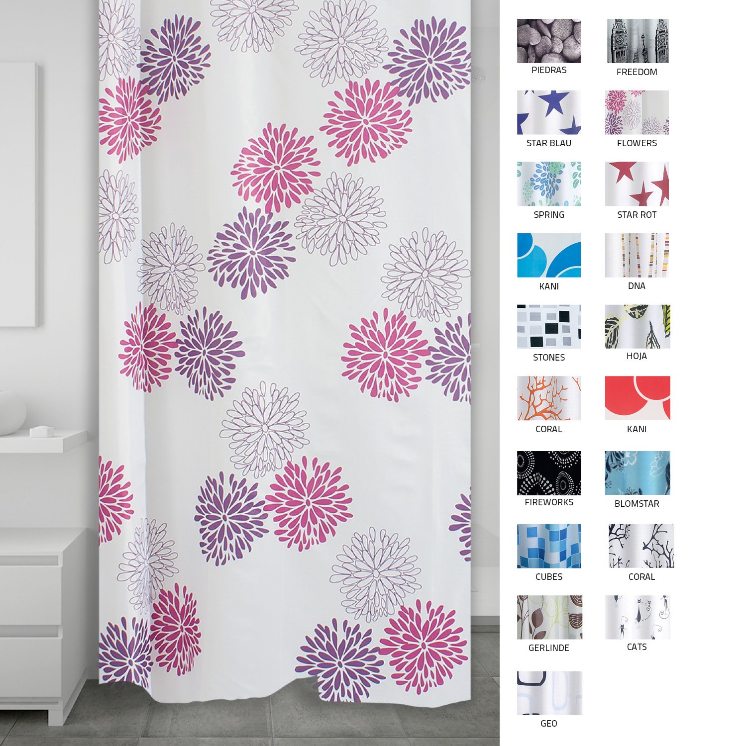 RIDDER 403060 Sandra - Cortina de Ducha Textil (180 x 200 cm), Color Blanco y Morado