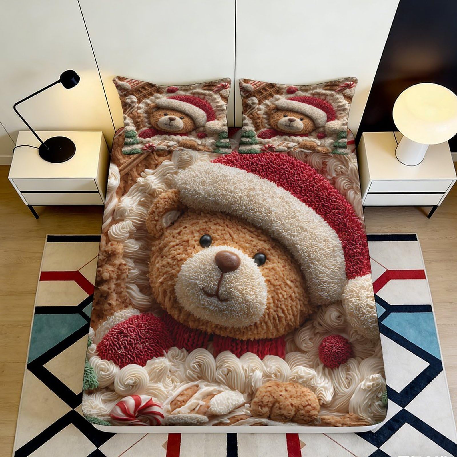 3D Printed Christmas Teddy Bear Fitted Sheet Microfiber Soft Breathable Holiday Bed Cover for Bedroom Dormitory Guest Room Mattress Protection 90x200x25cm