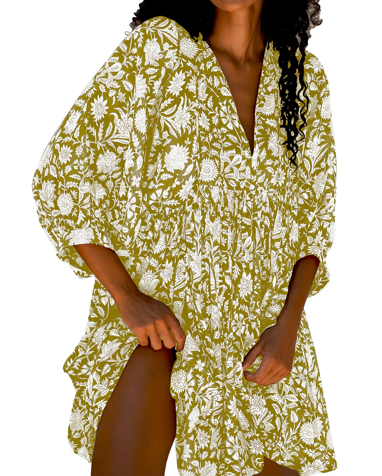 Womens Summer Boho Floral V‑Neck 3/4 Sleeve Babydoll Swing Mini Beach Dress
