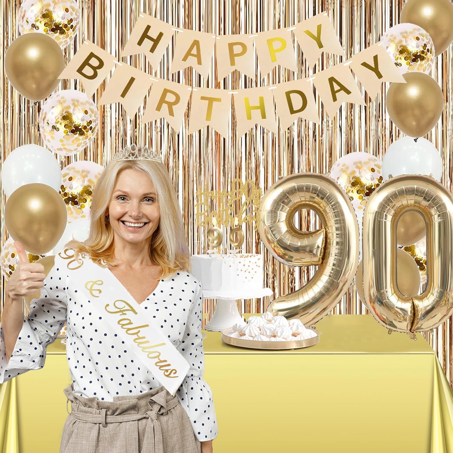 Trgowaul 90th Birthday Decorations for Women, Banner, Sash and Crown, Cake Topper, 90 Number Balloon, Fringe Curtains, Champagne Gold 90th Birthday Party Supplies - Image 9