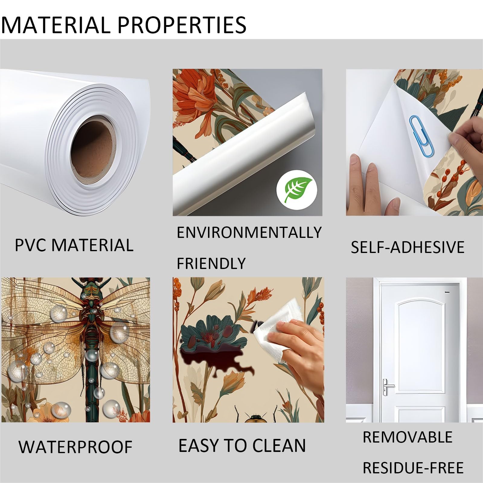 Peinture Murale Stickers, Aquarelle Baies Libellule Fleurs Florales Sticker mural Porte - Insectes Rétro Autocollant mural, 90 x 200 cm Amovible Poster de Porte, Beige Intérieure Muraux Pvc