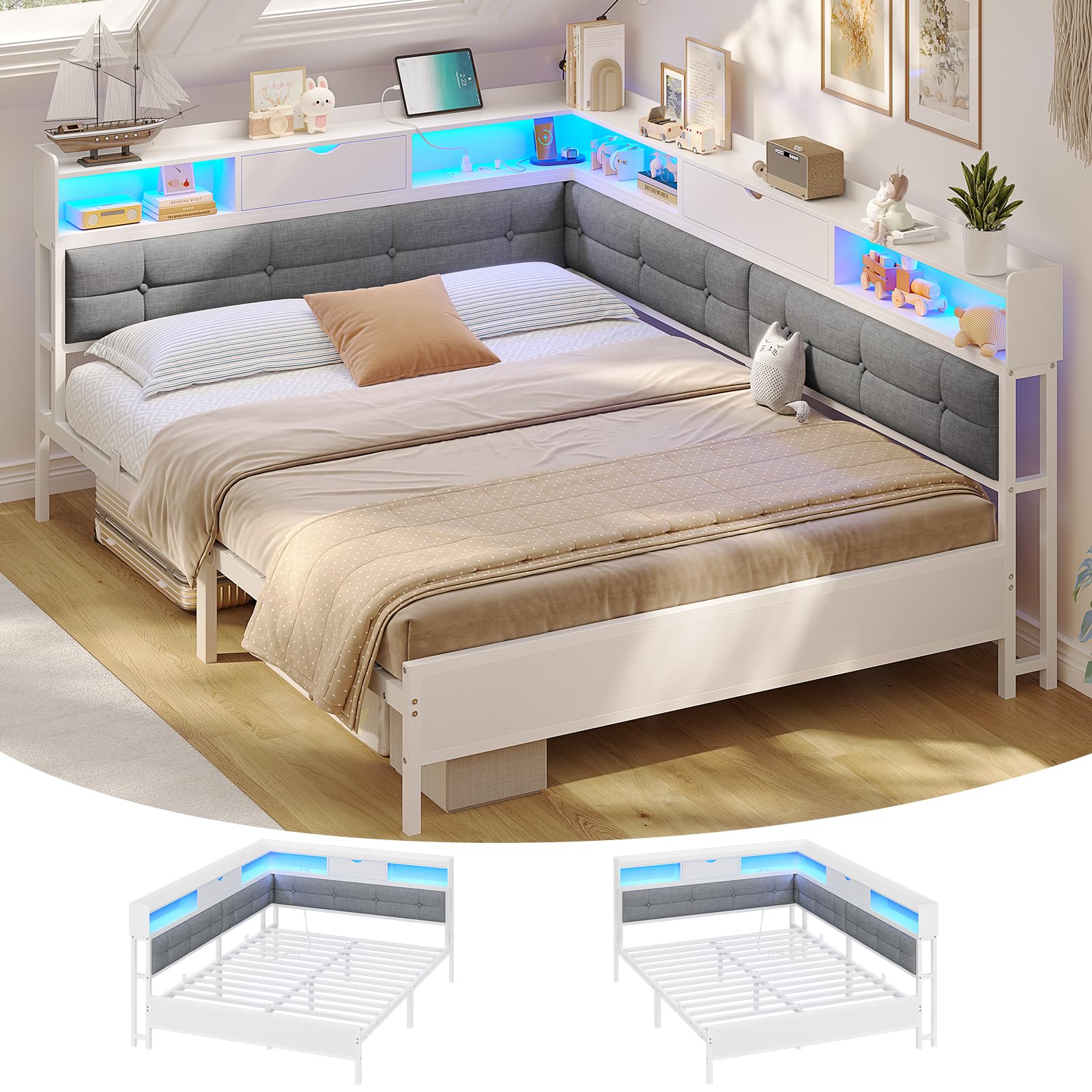 AOGLLATI Polsterbett Schlafsofa 140x200 mit 6 Staufächern Jugendbett 140x200 mit LED-Beleuchtung Tagesbett mit Steckdosen Gästebett Bettgestell mit Lattenrost aus Metall, Ohne Matratze (Weiß)
