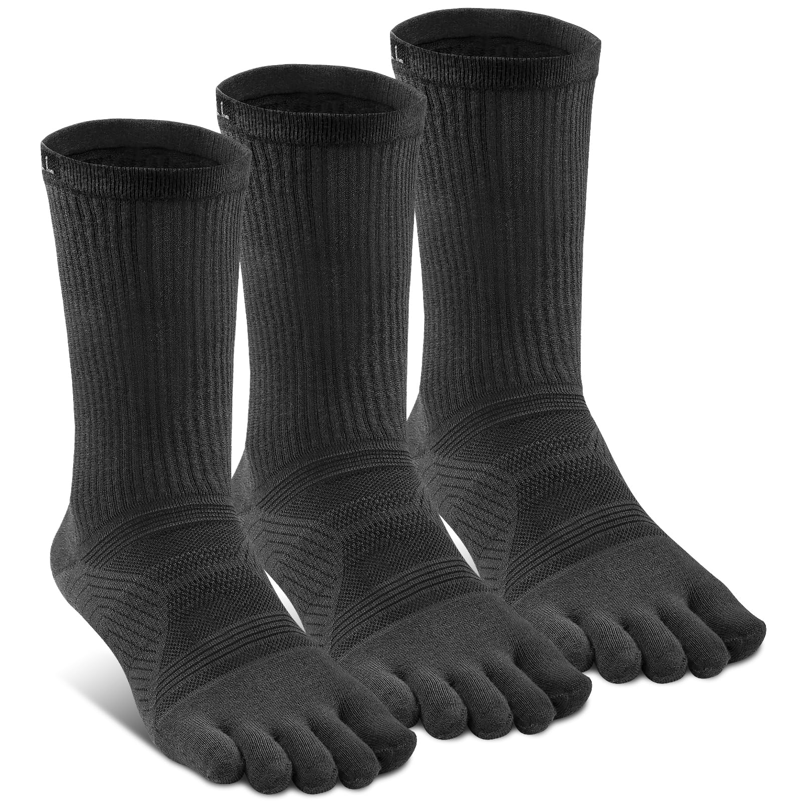 VWELL Toe Socks for Men Women Running COOLMAX Mid-Calf Five Finger Socks Athletic Breathable Five Toe Socks Quick Dry, 3Pairs, Dark Grey, Large