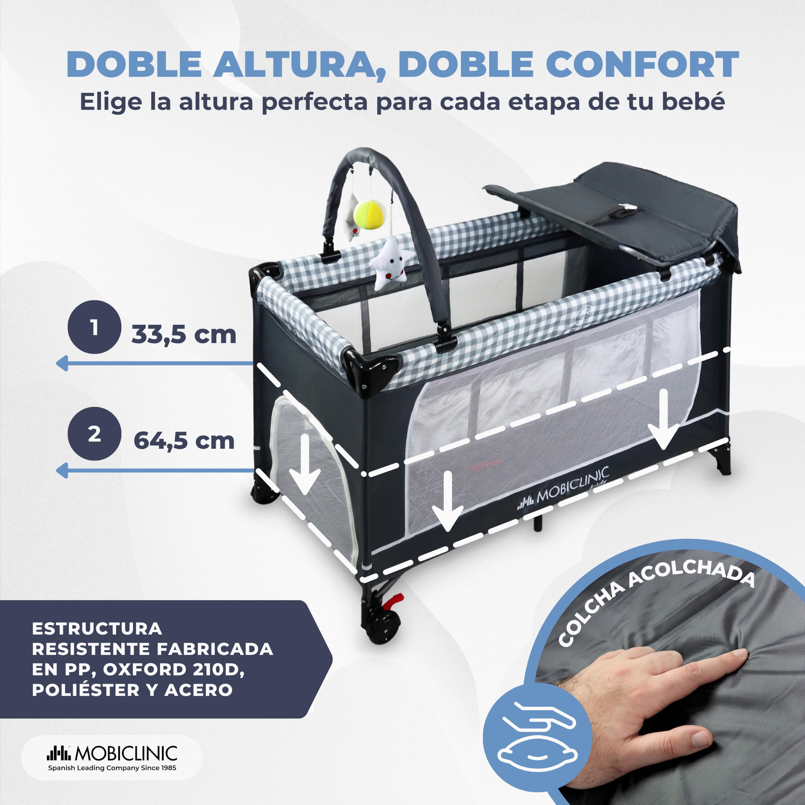 Mobiclinic®, Cuna de Viaje 3 en 1, Parque Infantil, Cambiador Bebe, Plegable, Entrada Lateral, Bolsa Transporte, MAX. 15 kg, Ruedas con Freno, Caelum, Tela Transpirable, Bolsillo almacenaje
