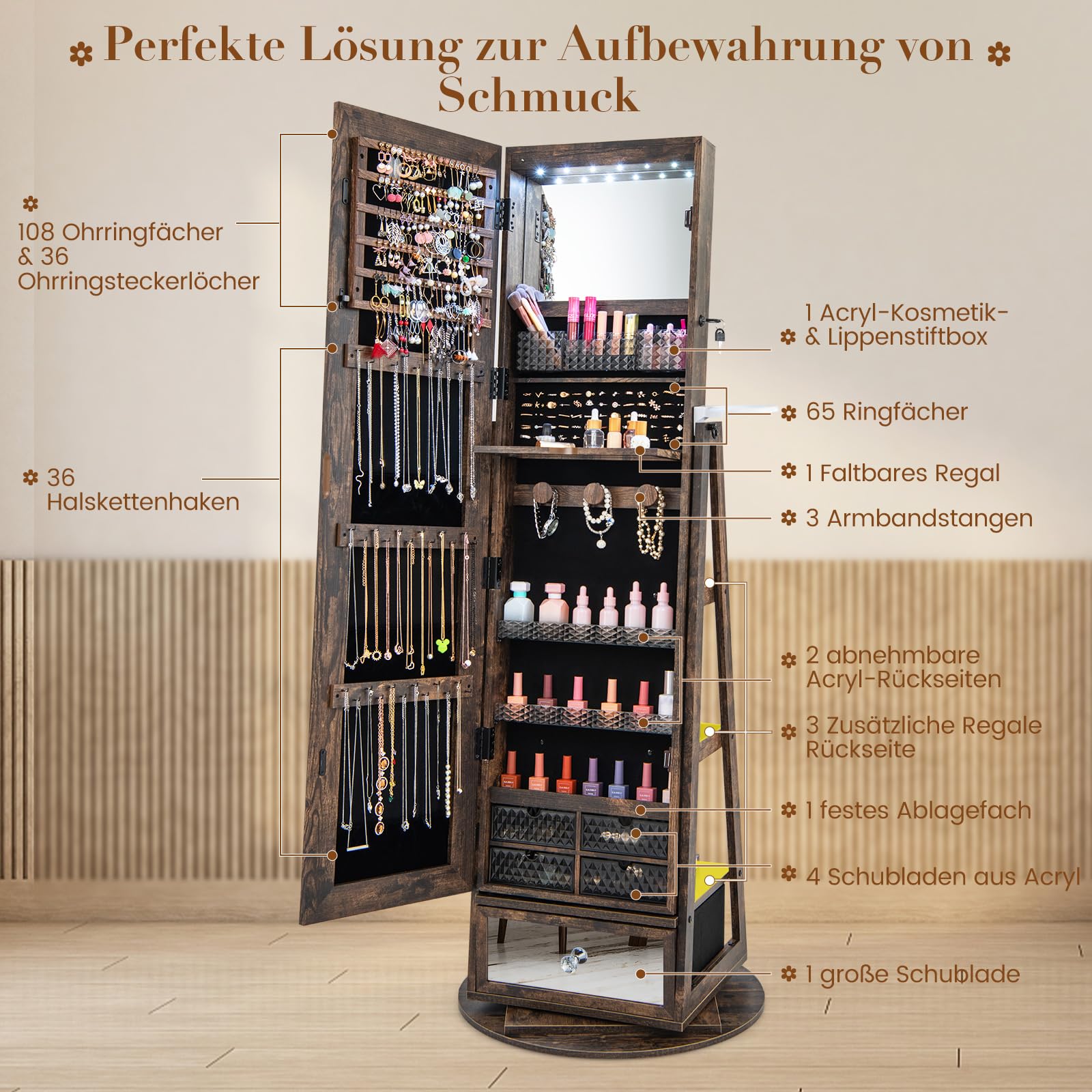 COSTWAY Szafka obracana o 360°, szafka z lustrem na całe ciało, lampki LED, szufladą i uchwytem na suszarkę do włosów, regał biżuteria, zamykany, lustro stojące