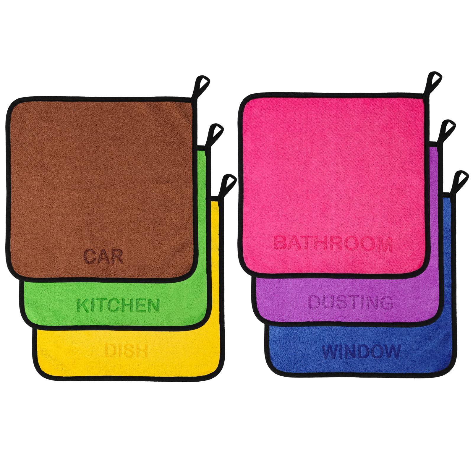 Microfiber Cleaning Cloth Set - 6 Pack Microfiber Towel 12x12 with Printed Use Labels Color-Coded Dish Rags Cleaning