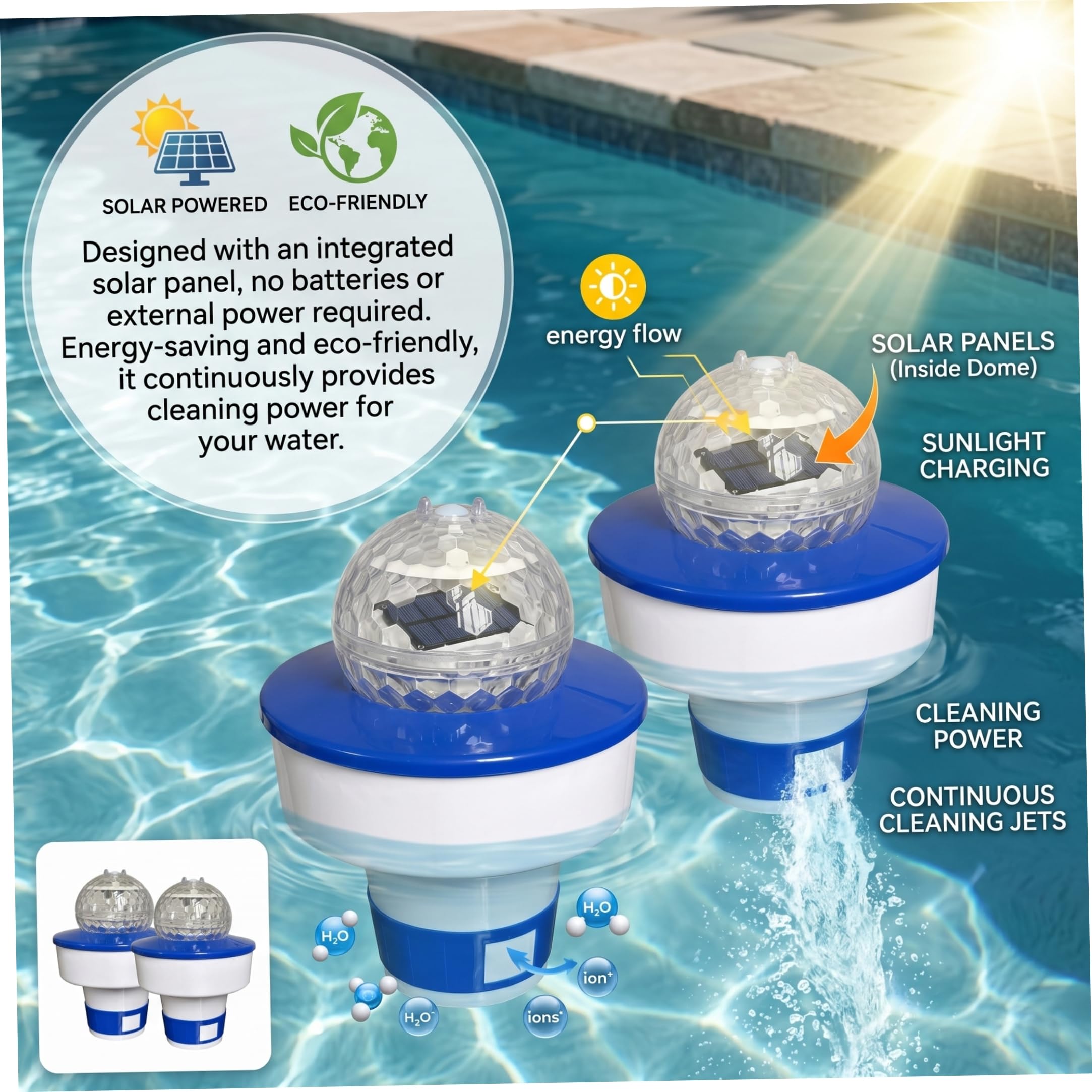 Lot de 2 distributeurs flottants de Chlore Solaire pour Piscine avec lumières Multicolores et débit réglable 20 cm (8 Pouces).