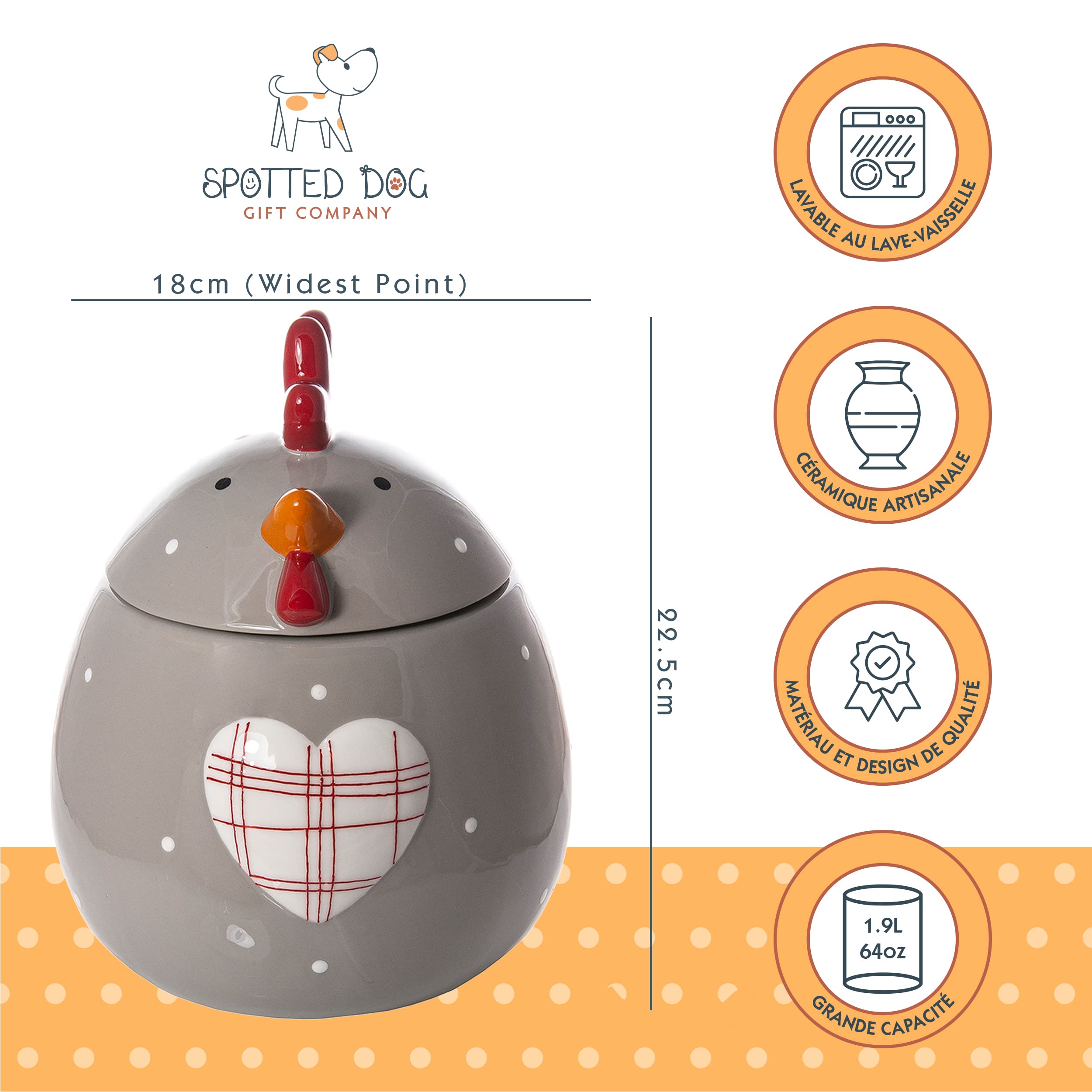 SPOTTED DOG GIFT COMPANY Boîte à Biscuit en Céramique, Grand Bocal de Conservation pour Cookies Bonbons ou Friandises, Mignon Cuisine Article, Cadeau pour Poules Amoureux, Gris 1900ml