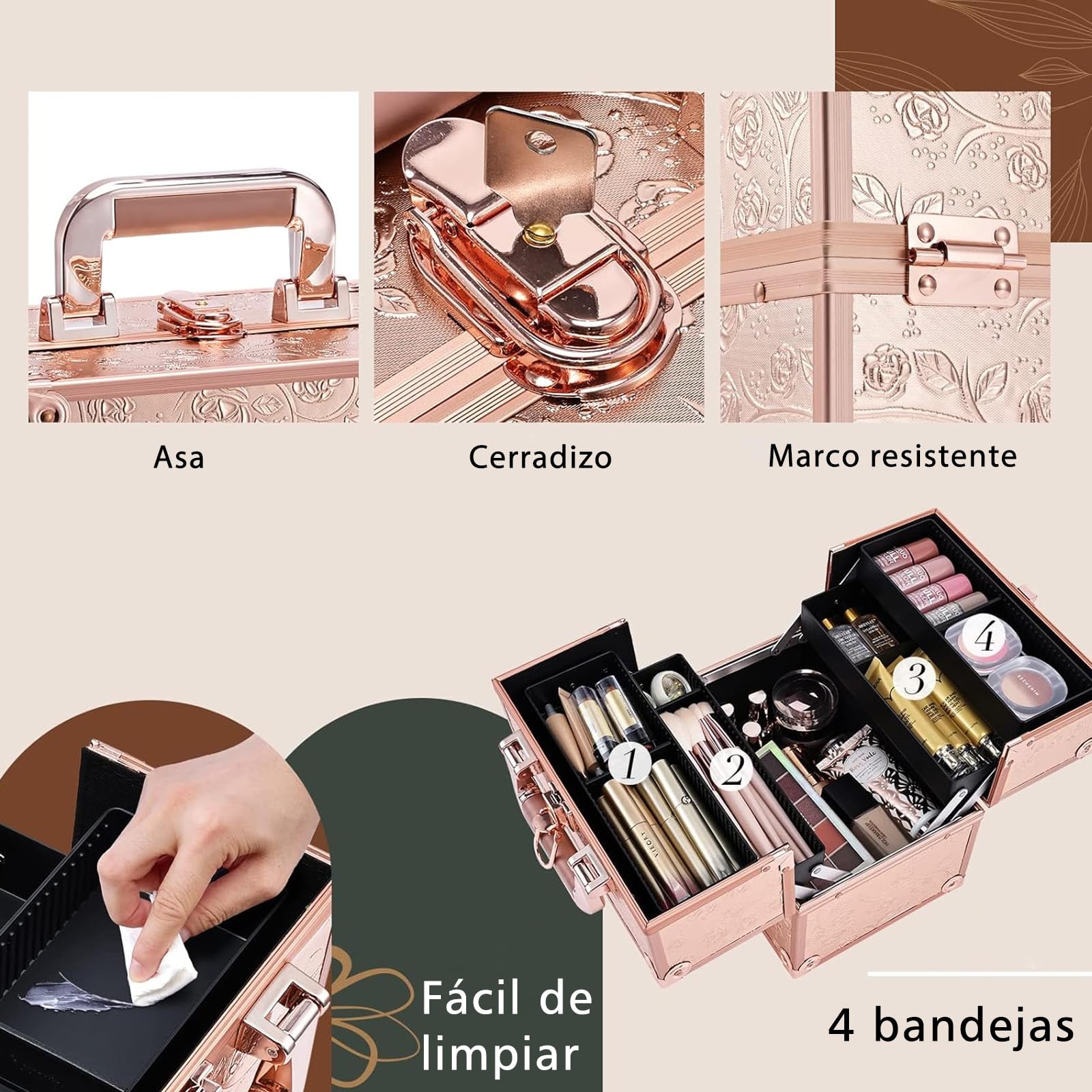 Maletín Maquillaje Cosméticos Estuche Maquillaje y 4 Tarias Maleta de Makeup Case Estuche Organizador Estuche de Uñas Joyero y Manicura Beauty Case de Viaje para Mujer Profesional, Rosa Oro