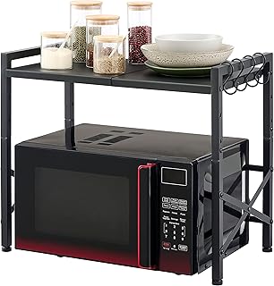 Hoctieon 2-Tier Microwave Oven Rack with 4 Hooks, Expandable Microwave Heavy Duty Stand, X-Shaped Design Microwave Rack, Sturdy Microwave Shelf for Kitchen Storage