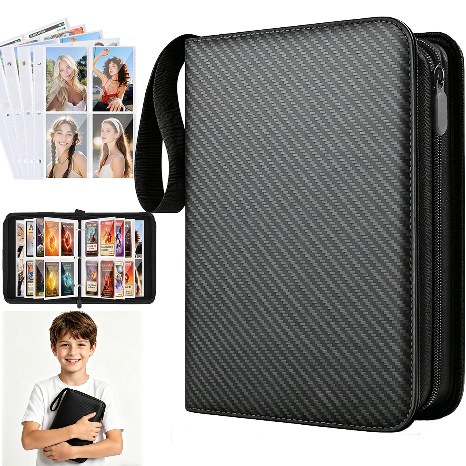 Trading Card Binder 400 Pockets - PU Leather Card Collection Folder Zip with Strap, Photocard Album Binder Top Loader Binder 4 Pocket for Games, Sports, TCG, MTG,Football Trading Card Storage Gifts