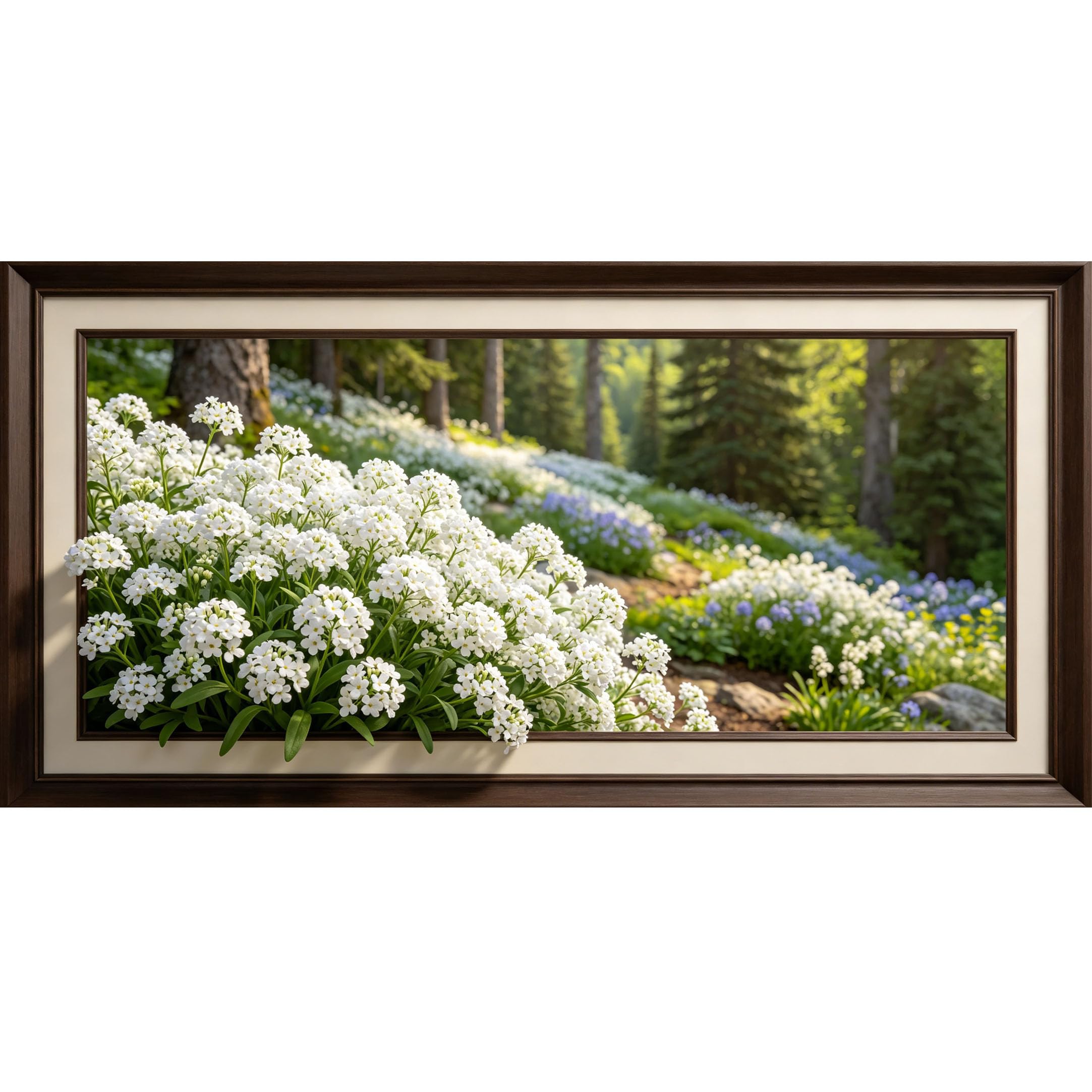 Agglomerix 3D Framed Wall Art White Wildflower Forest Landscape Botanical Textured Effect Large Size Self-Adhesive Removable Wall Decor Prints Artwork for Living Room Bedroom Office