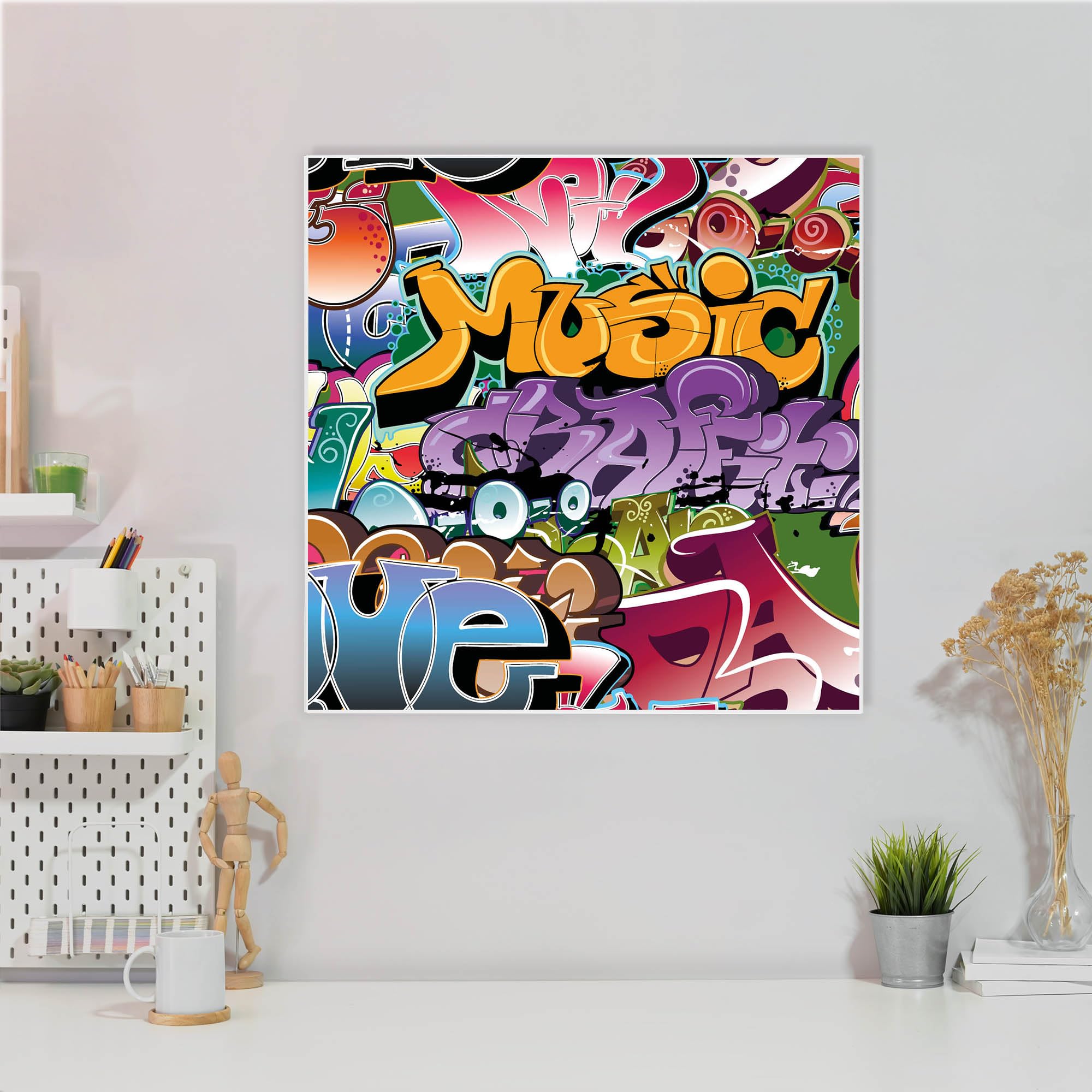 banjado Magnettafel 50 x 50 cm/Magnetwand aus Metall/Magnetpinnwand als Memoboard/Pinnwand Magnettafel Küche, Büro, Kinderzimmer inkl. 4 Magnete & Montageset - Motiv Graffiti