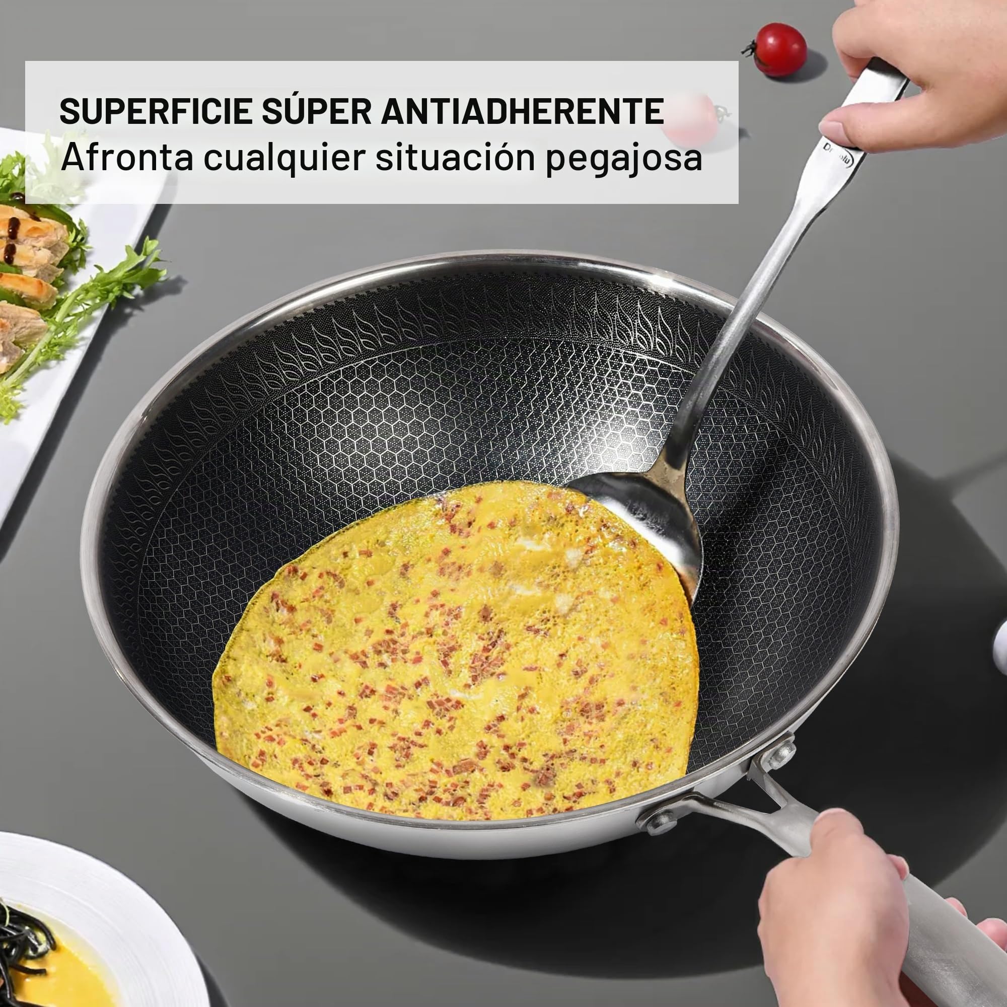 RIOVARM 32cm Wok de acero inoxidable con Tapa, Antiadherente Fondo Plano Sartén Wok, Tri-Ply Estructura de nido de abeja, Apta para lavavajillas Resistente al horno, Inducción, Gas, Sin PFOA ni PTFE