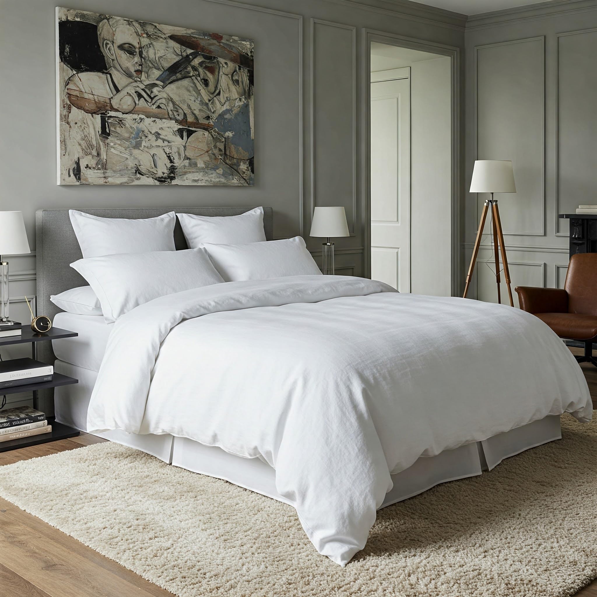 Whites of London | Luxury White Linen Bedding Set | 100% French Linen | Ultra-Soft & Breathable | Hand Embroidered Pillowcase | 1 Duvet Cover & 2 Pillowcases (Double, White, Solid)