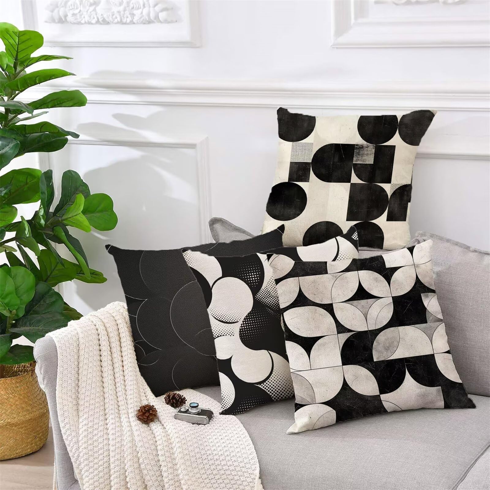 Outdoor Kissen Schwarz Weiß Kissenbezug 60x60 cm 4er Set Balkon Dekokissen Geometrie Outdoor Kissenhülle Wasserdichte Samt Doppelseitiger Gedruckte Sofakissen OutdoorGarten Balkon Deko Gifts z-967