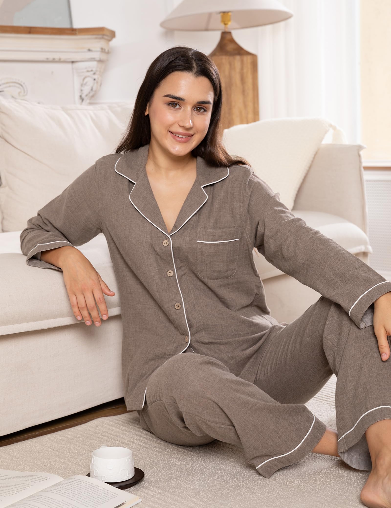 Conjunto de pijama para mujer, 100 % gasa doble, algodón y lino, de muselina, de manga larga, con botones, ropa de dormir suave | Conjunto de pijama transpirable suave y cómodo con botones