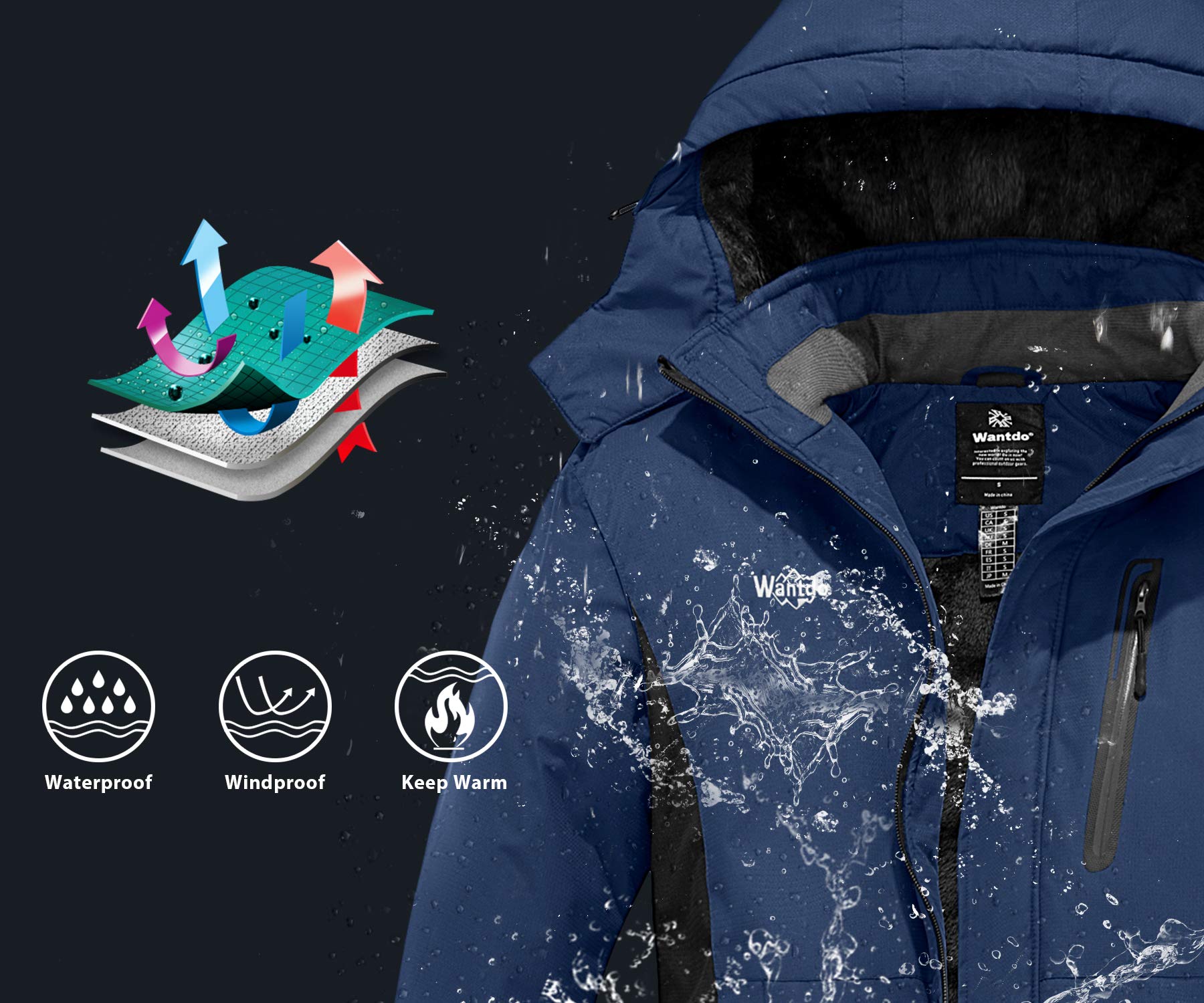 Wantdo Chaqueta de Esquí Impermeable Montaña Aislada con Vellón Cálida Invierno Snowboard Parka Nieve Capucha Hombre Azul Oscuro Large