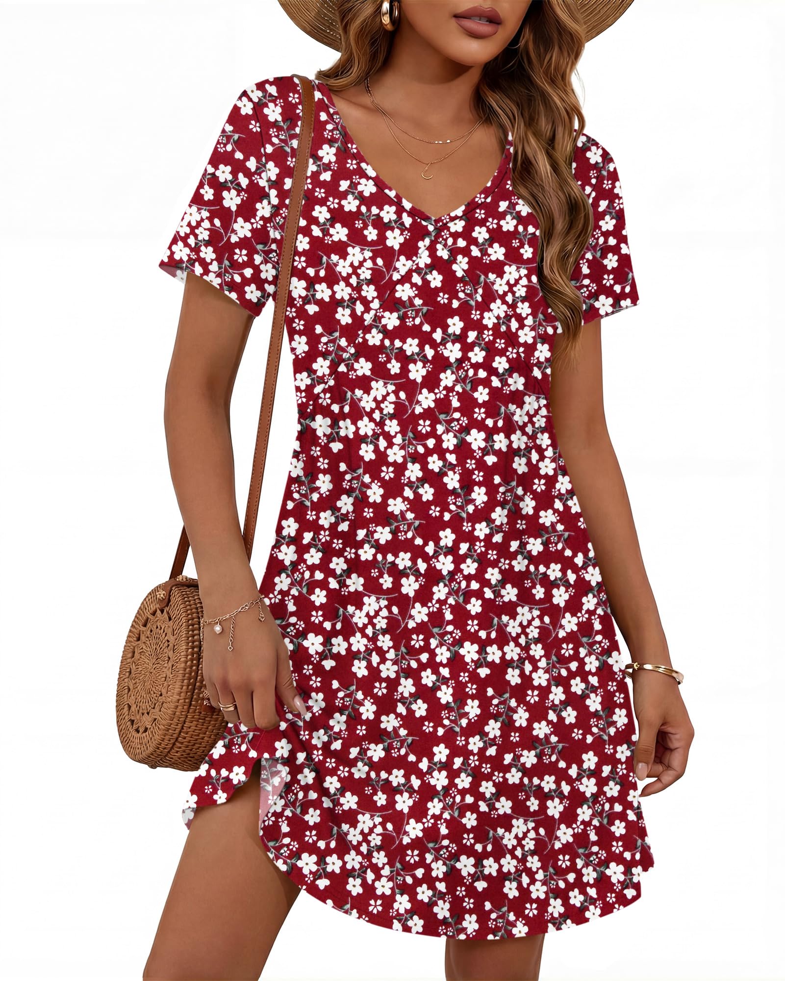 PLOKNRD Sommerkleid Damen V-Ausschnitt Midi Kleid mit Taschen Kurzarm Elegante Strandkleider Hohem Bund A-Linie Freizeit