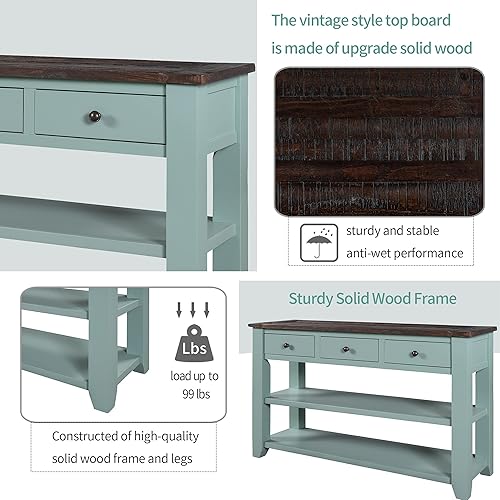 Miniatura 195 de Mesa consola de madera maciza de 48 pulgadas, mesa auxiliar moderna para sofá de entrada con 3 cajones de almacenamiento y 2 estantes. Fácil de